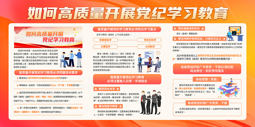 橙色大气卡通党纪学习教育宣传知识常识展板背景