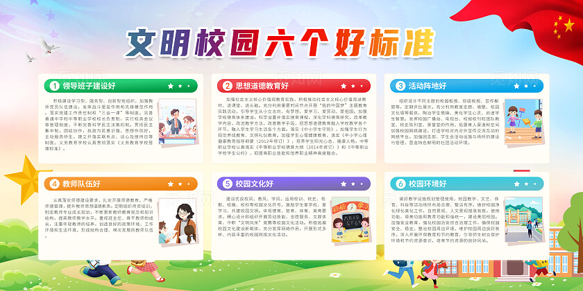 卡通彩色文明校园六个好标准宣传栏