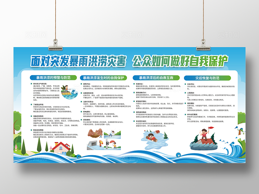 蓝色插画风暴雨洪涝灾害如何自我保护防洪防汛宣传栏