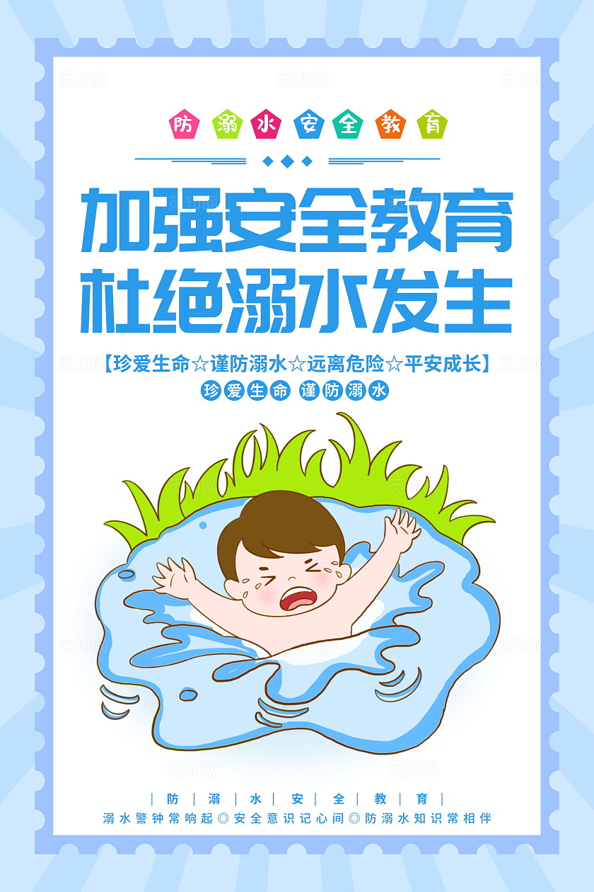 蓝色卡通珍爱生命谨防溺水宣传套图