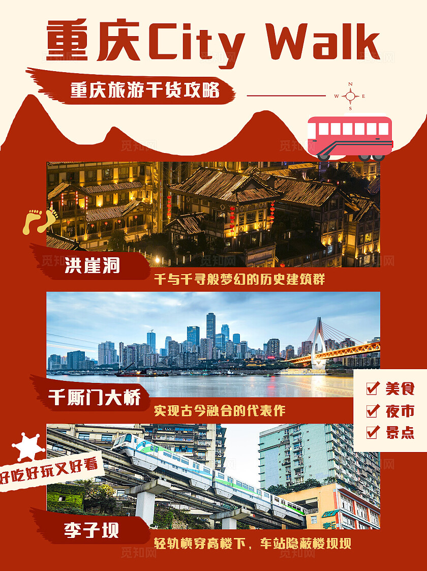 红色系摄影图实拍拼图海报重庆旅游干货推荐citywalk打卡推荐小红书封面