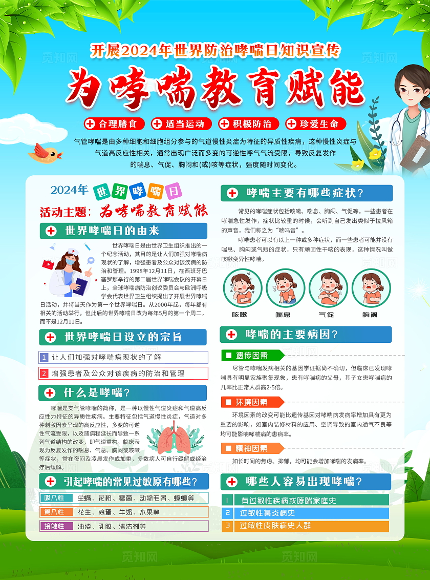 蓝色风格2024年世界哮喘日知识宣传单