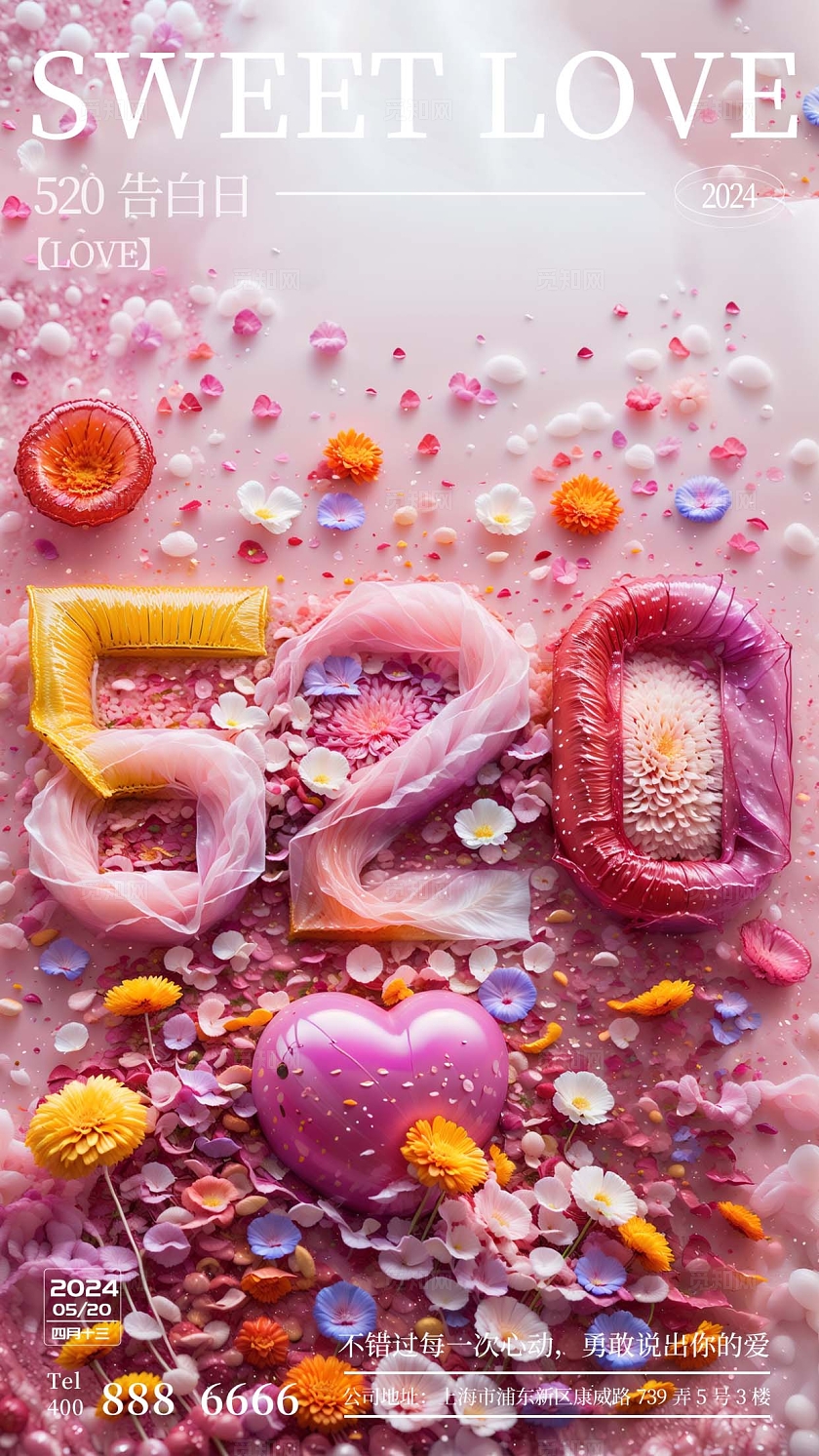 sd文字建模风粉色创意520爱的告白日情人节手机宣传海报建模文字