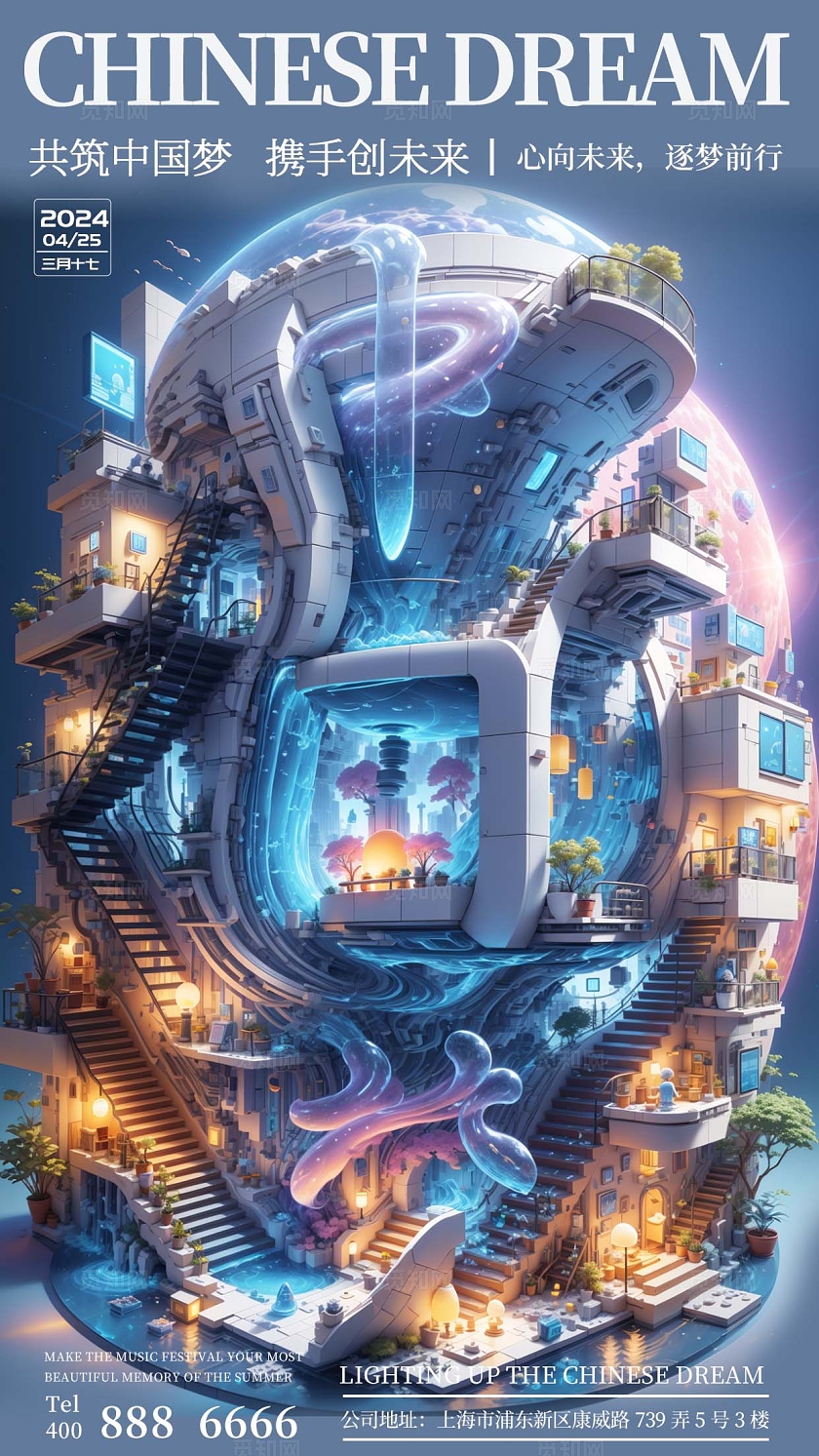 SD文字建模风中国梦共筑中国梦，携手创未来手机海报设计建模文字