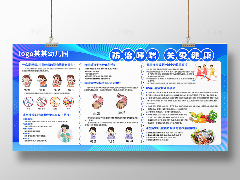 蓝色大气幼儿园哮喘防治哮喘宣传栏展板儿童哮喘