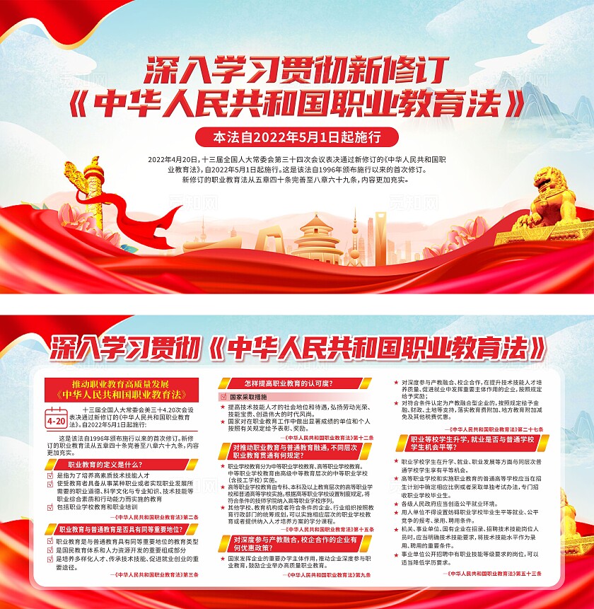 蓝色红色大气职业教育法宣传栏展板