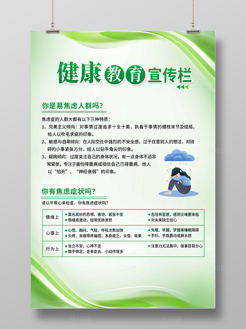 绿色简约健康教育宣传栏焦虑海报
