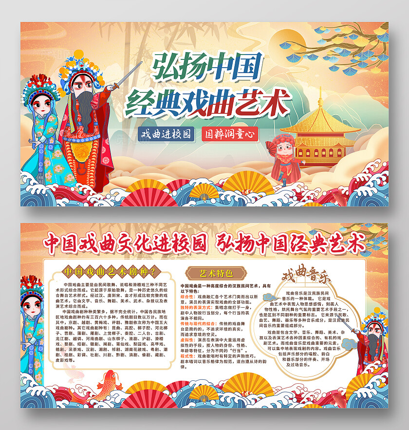 黄色蓝色创意国潮风戏曲文化宣传栏戏曲进校园展板设计