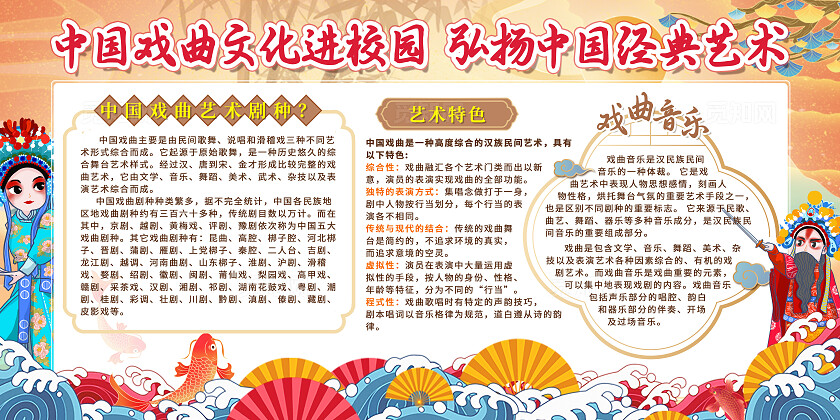 黄色蓝色创意国潮风戏曲文化宣传栏戏曲进校园展板设计