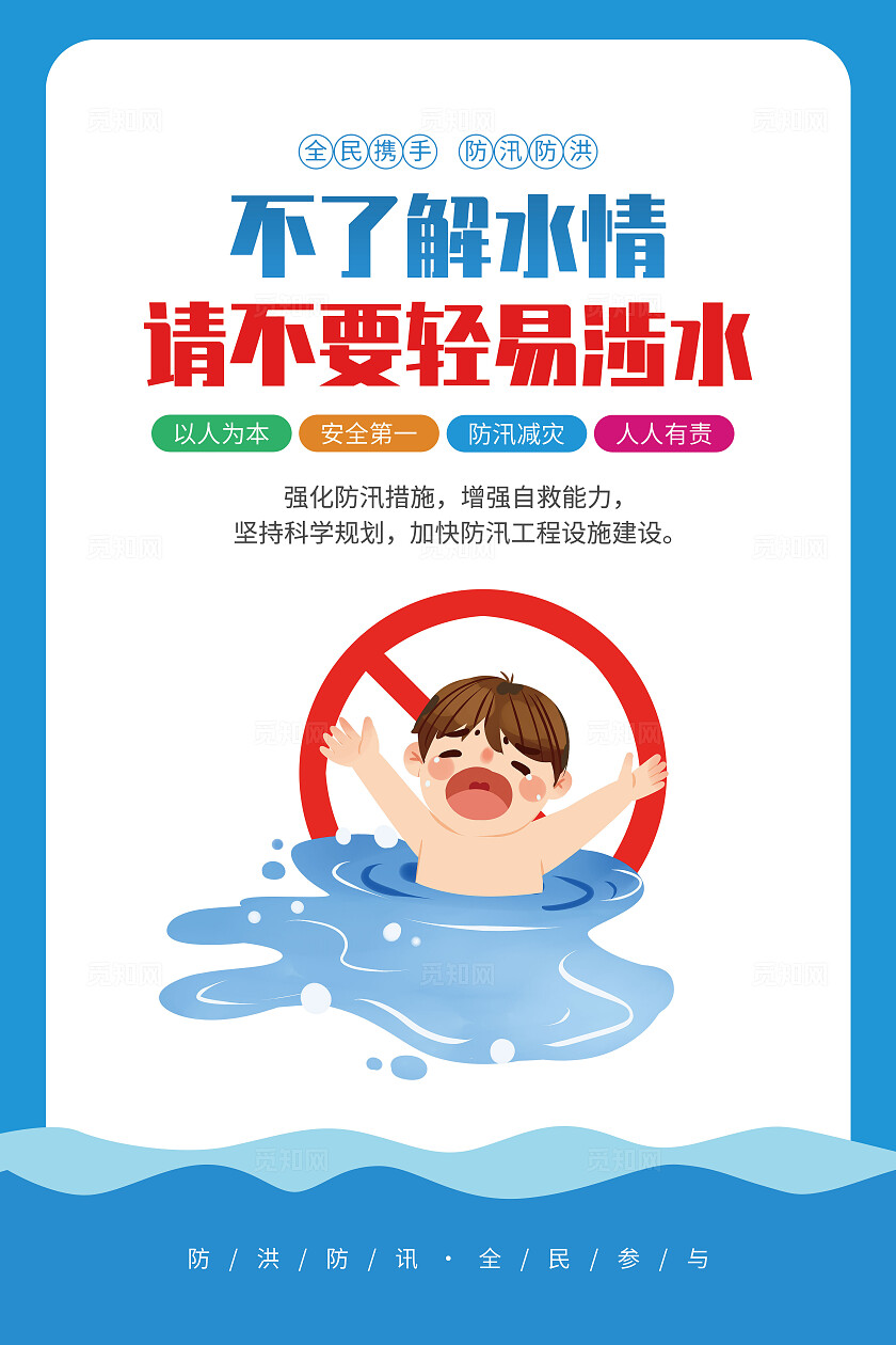 蓝色简约插画风防汛防洪知识宣传海报套图