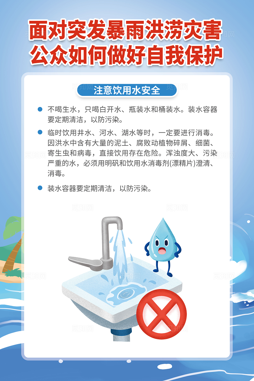 蓝色插画风暴雨洪涝灾害自我保护知识宣传海报套图防汛