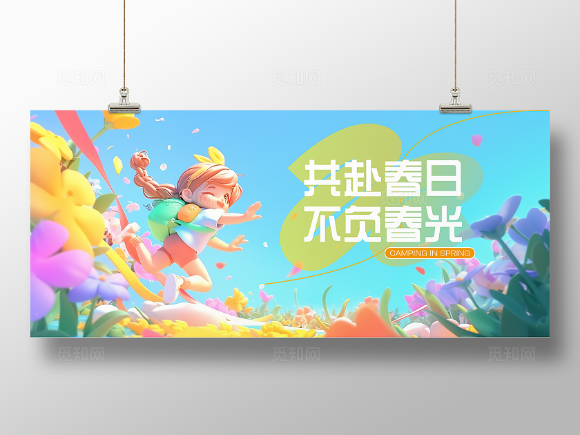 春游春天户外主题彩色立体人物海报