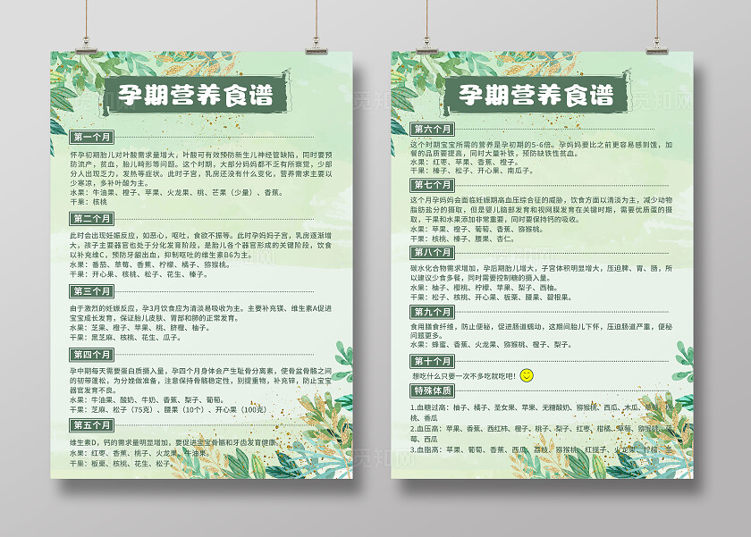 绿色简约风孕期营养食谱安排宣传海报