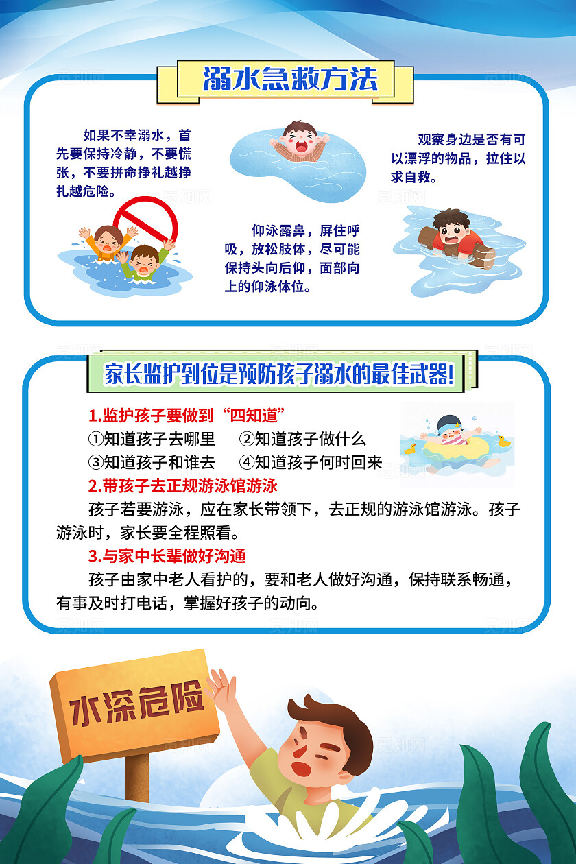 蓝色插画风溺水急救方法知识科普宣传海报
