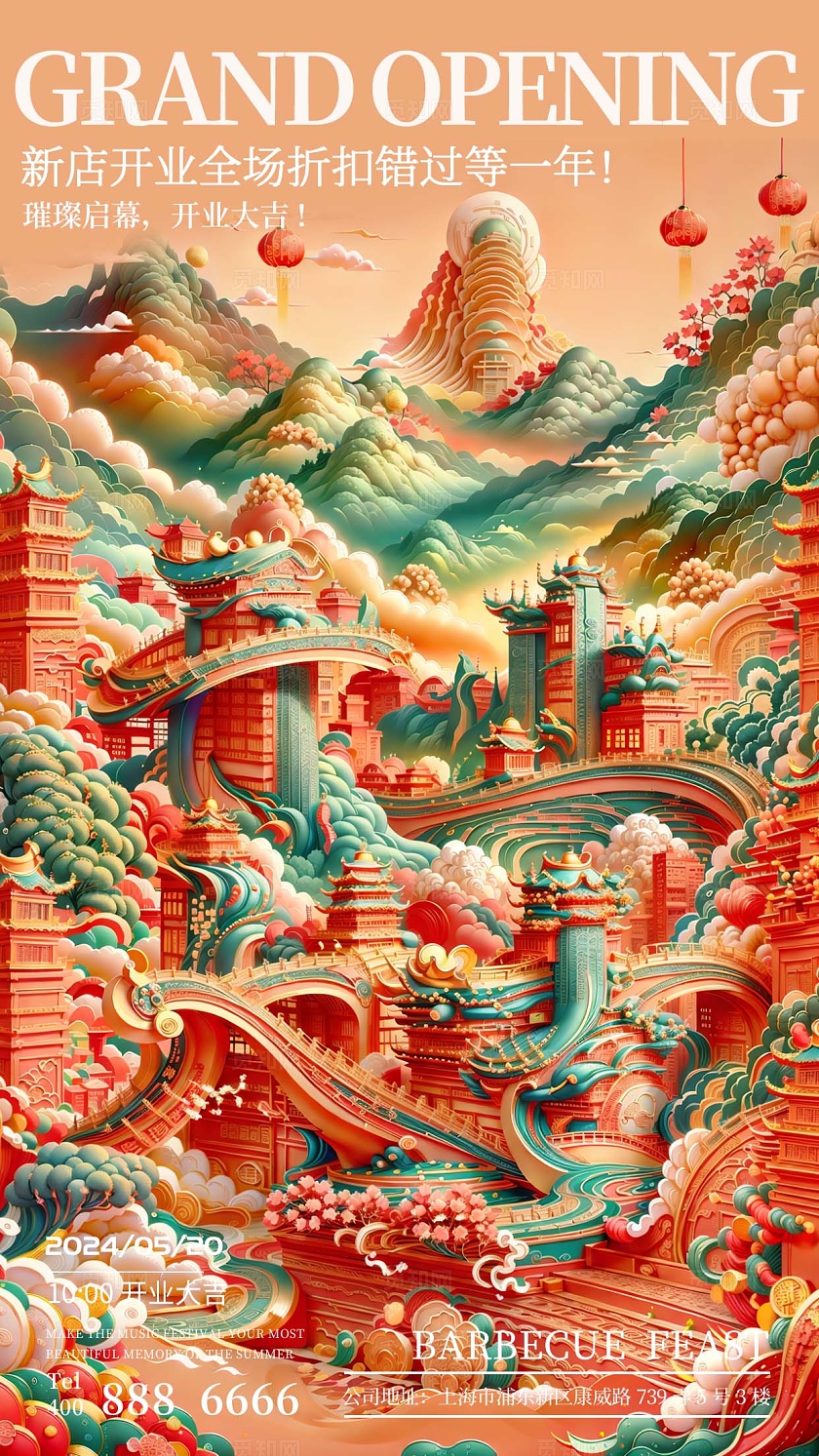 SD建模文字风开业大吉海报设计