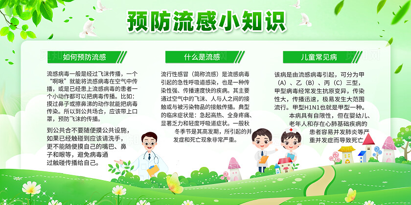 绿色卡通预防流感保持健康预防流感宣传栏