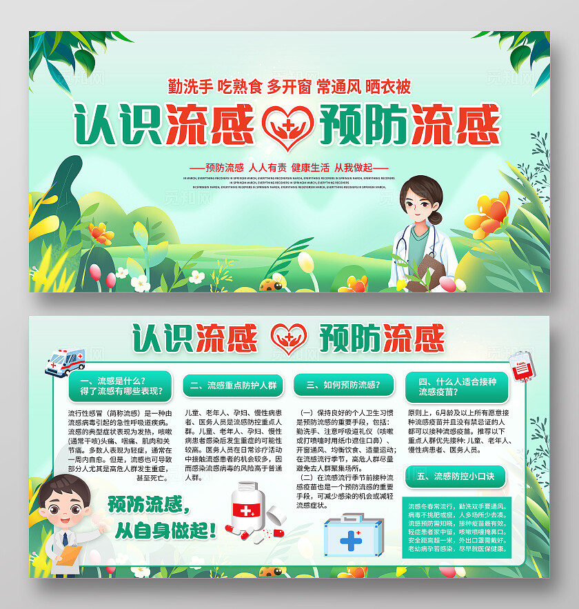 绿色卡通认识流感预防流感宣传栏