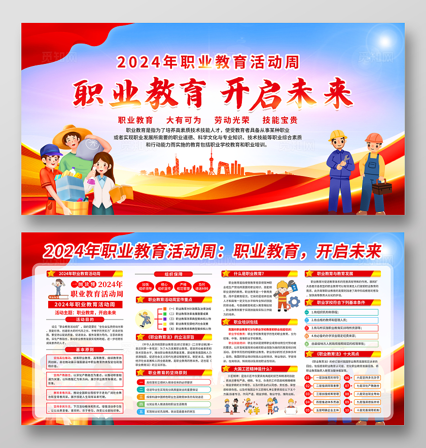 蓝紫飘带渐变简约2024年全国职业教育活动周宣传栏展板设计