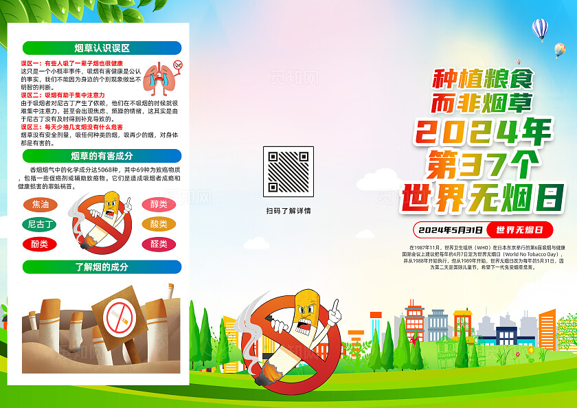 绿色卡通2024年37个世界无烟日三折页宣传