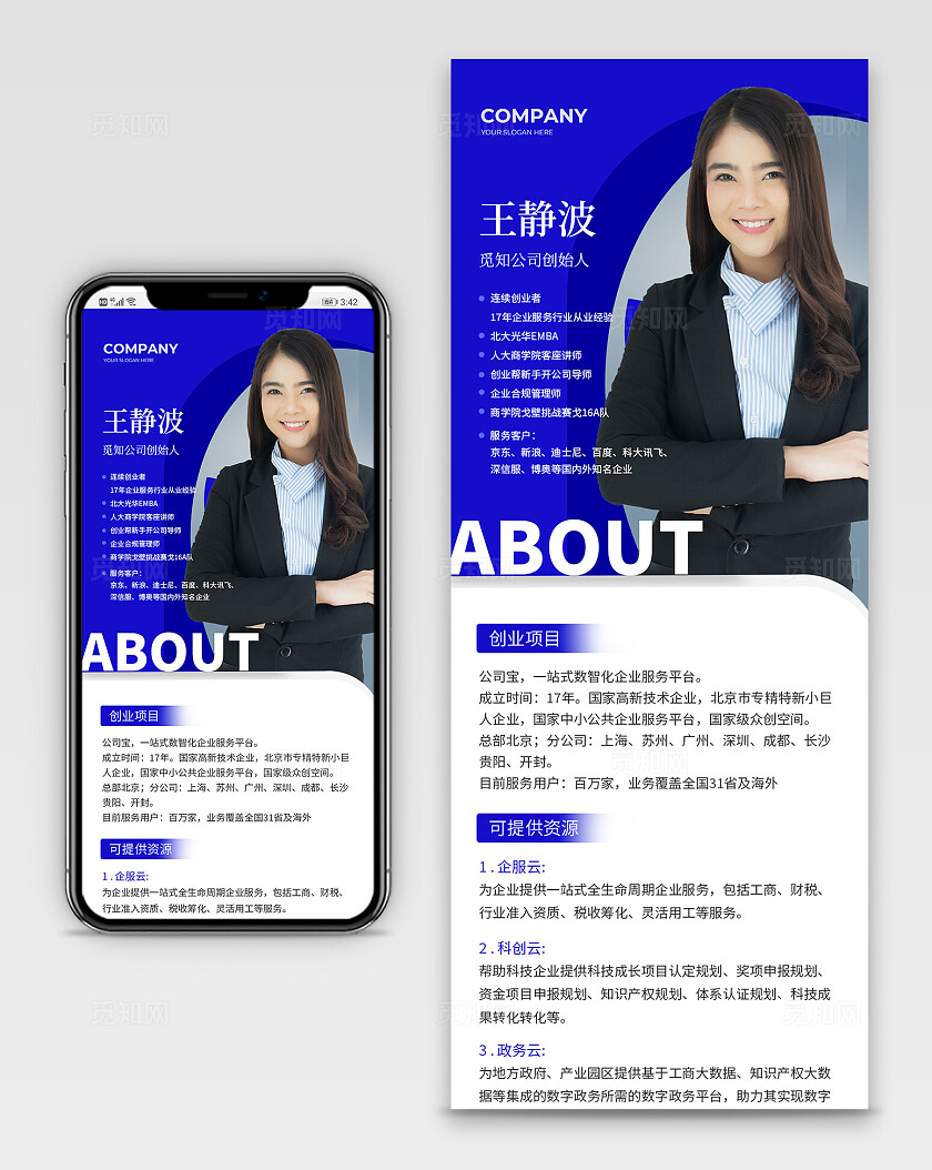 蓝色简约风人物介绍简介长图