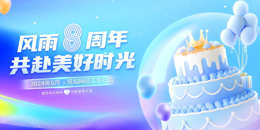 蓝色大气员工生日会宣传展板生日活动
