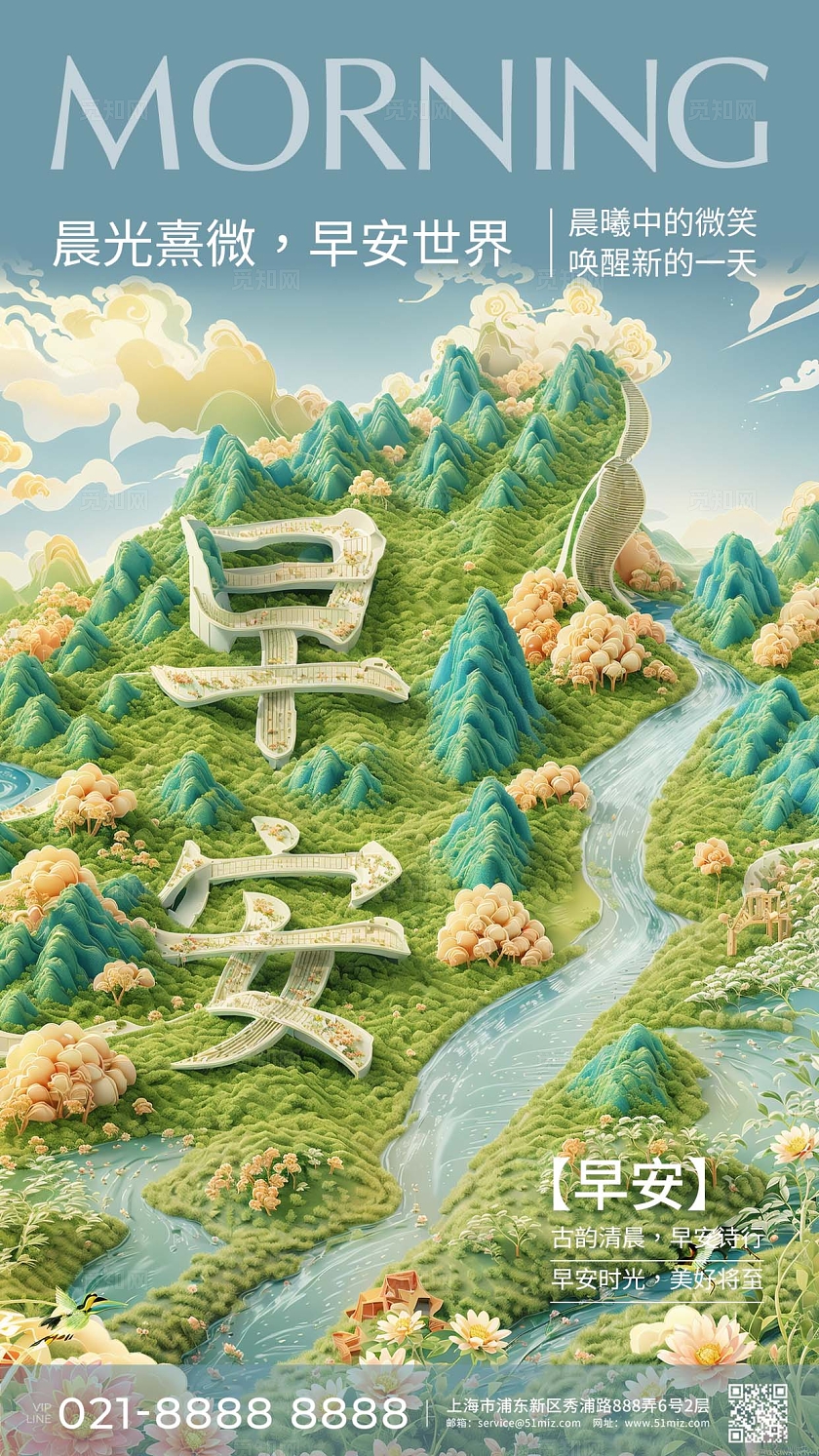 SD建模文字风诗意国潮早安手机海报素材