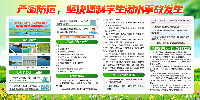 绿色卡通防溺水安全教育健康科普小常识宣传栏展板背景珍爱生命预防溺水