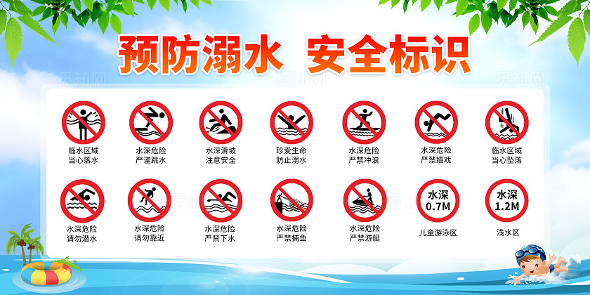 蓝色小清新幼儿园溺水安全教育安全标识常识宣传栏背景幼儿园防溺水