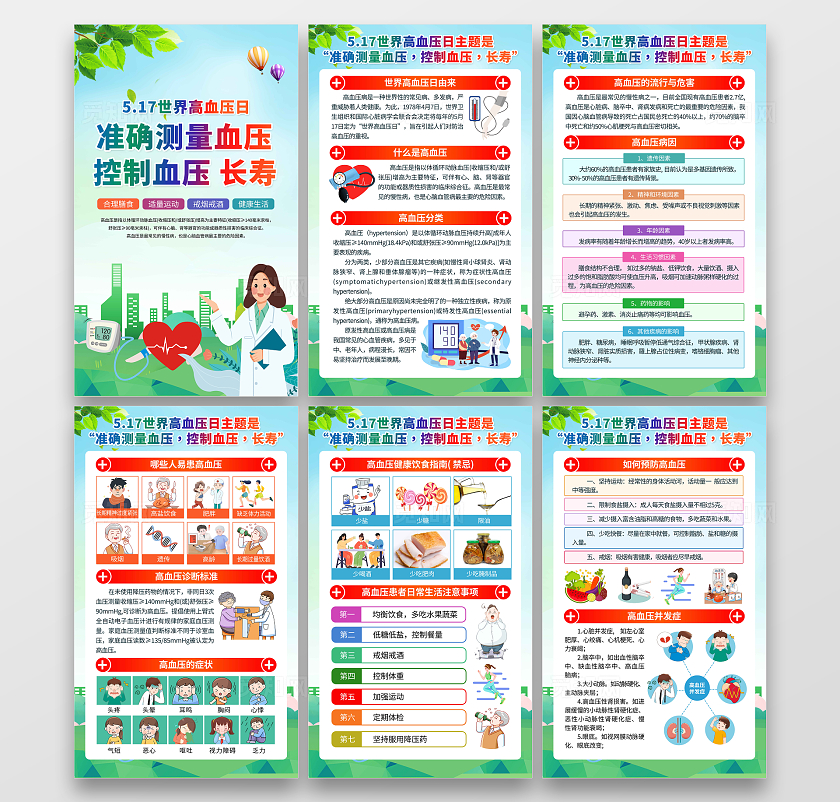 绿色清新卡通高血压医疗疾病健康教育知识宣传套图背景世界高血压日