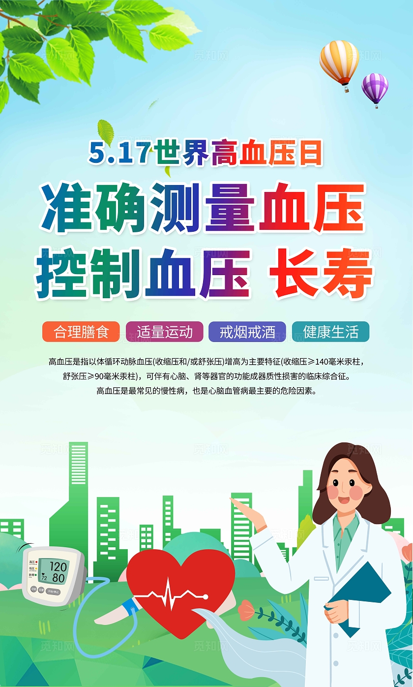 绿色清新卡通高血压医疗疾病健康教育知识宣传套图背景世界高血压日