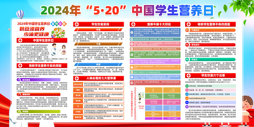 红色卡通2024年中国学生营养日全国学生营养日展板宣传