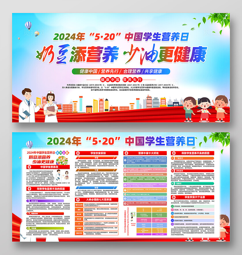 红色卡通2024年中国学生营养日全国学生营养日展板宣传