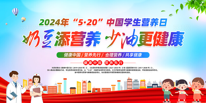 红色卡通2024年中国学生营养日全国学生营养日展板宣传