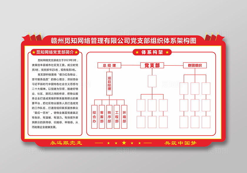 红色简约大气企业 学校 物业 党支部组织体系架构图 背景 展板