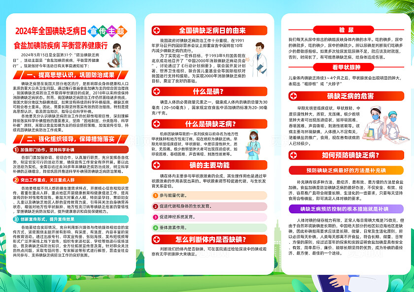 绿色卡通2024全国碘缺乏病宣传日三折页