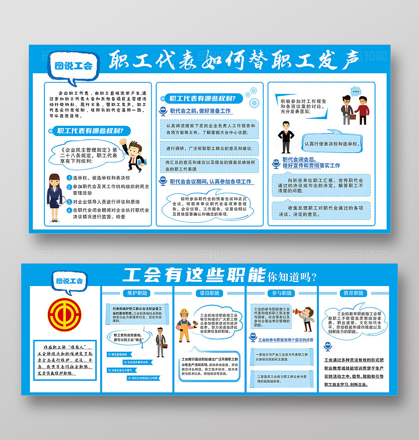 蓝色图说工会宣传栏   职工代表如何替职工发声 工会职能背景展板