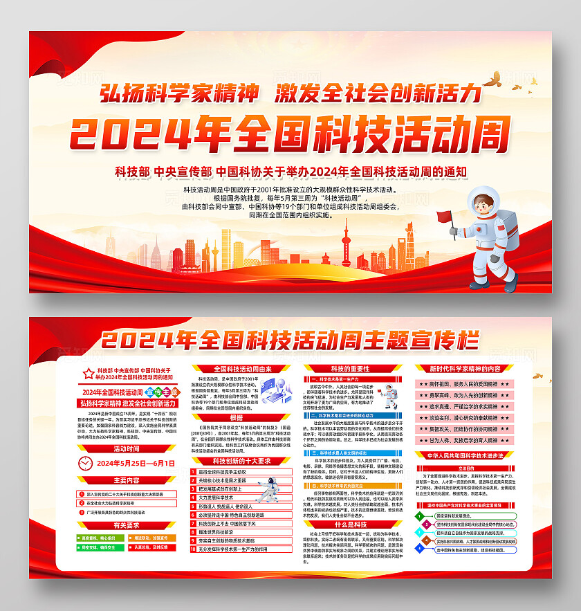 红色简约2024年全国科技活动周展板宣传