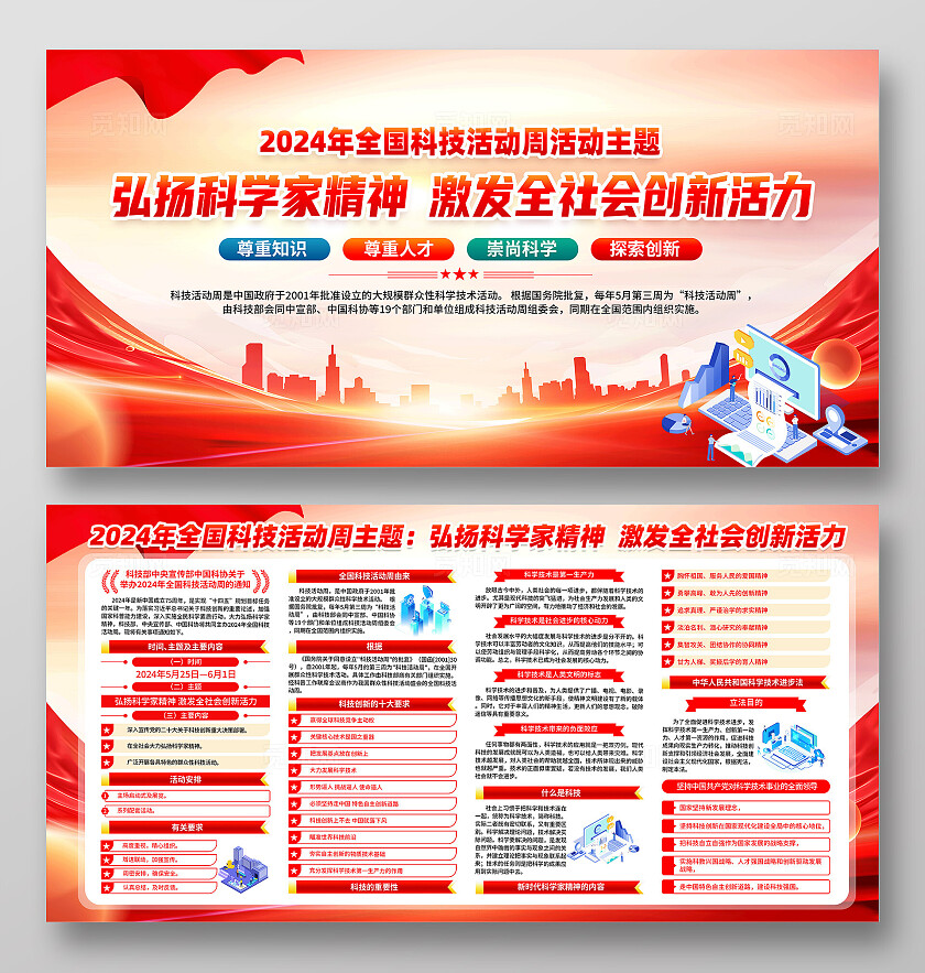 红色简约弘扬科学家精神2024年全国科技活动周展板宣传