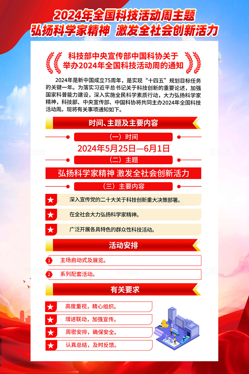 红色简约弘扬科学家精神2024年全国科技活动周海报宣传