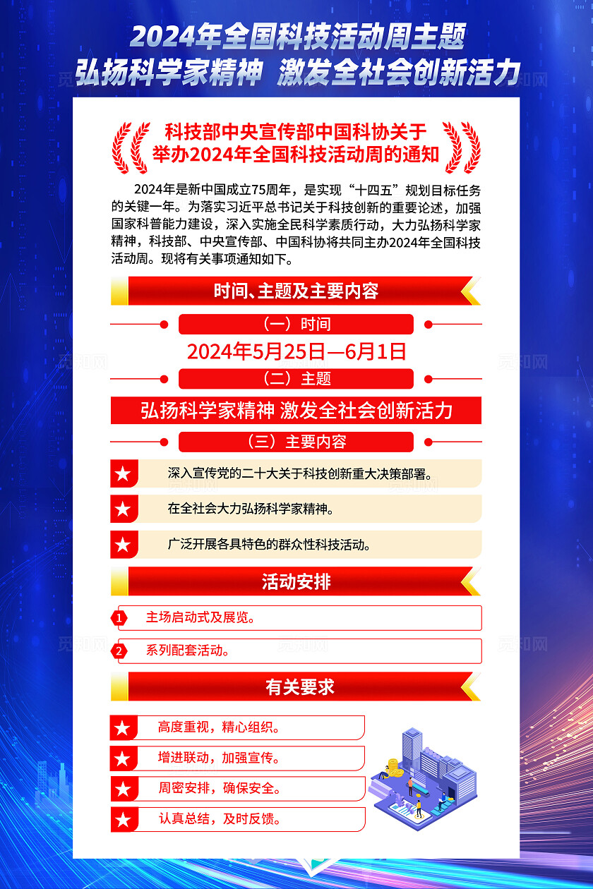 蓝色简约弘扬科学家精神2024年全国科技活动周海报宣传