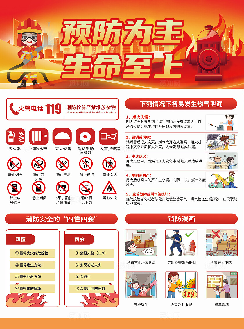 红色橙色卡通风格预防为主生命至上消防宣传单