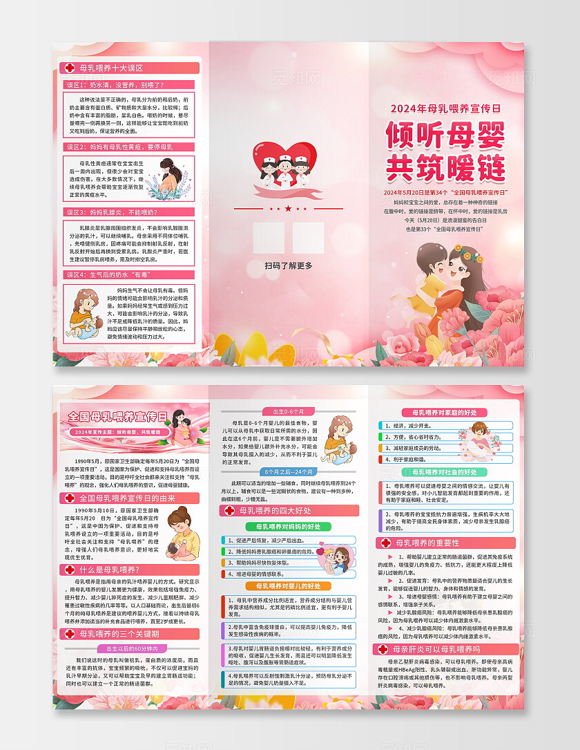 粉色温馨插画风2024年全国母乳喂养宣传日知识科普三折页设计