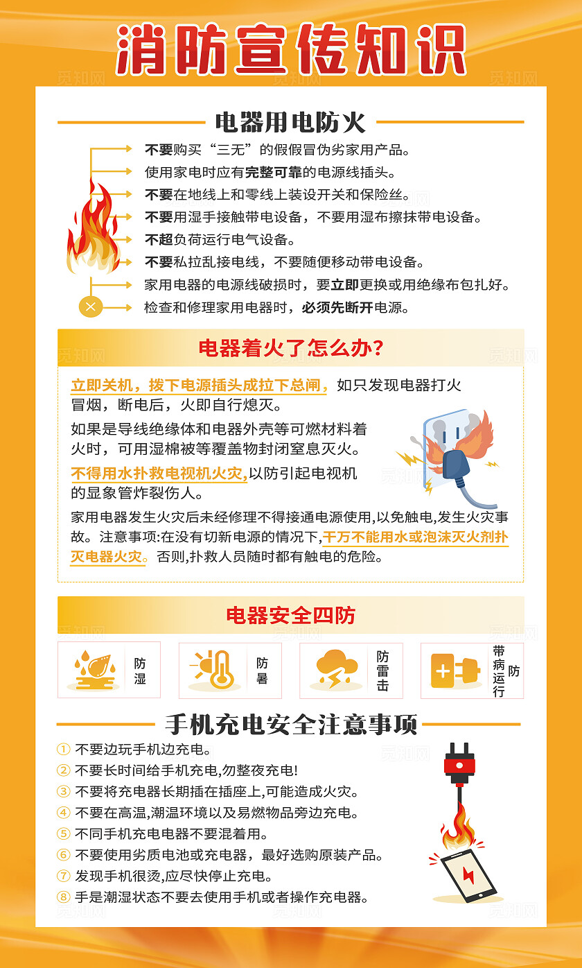 橙黄色大气消防安全教育知识宣传栏套图幼儿园消防日