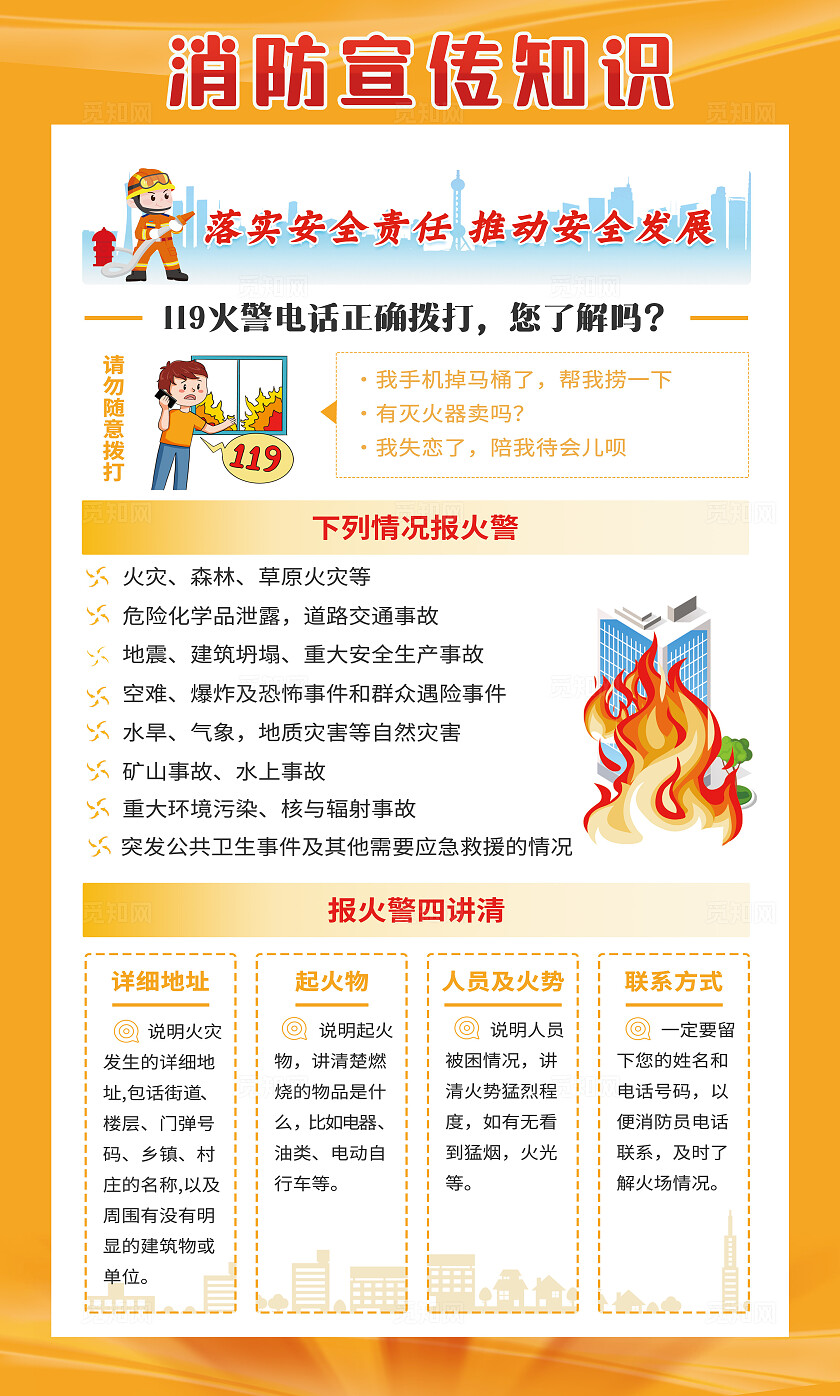 橙黄色大气消防安全教育知识宣传栏套图幼儿园消防日