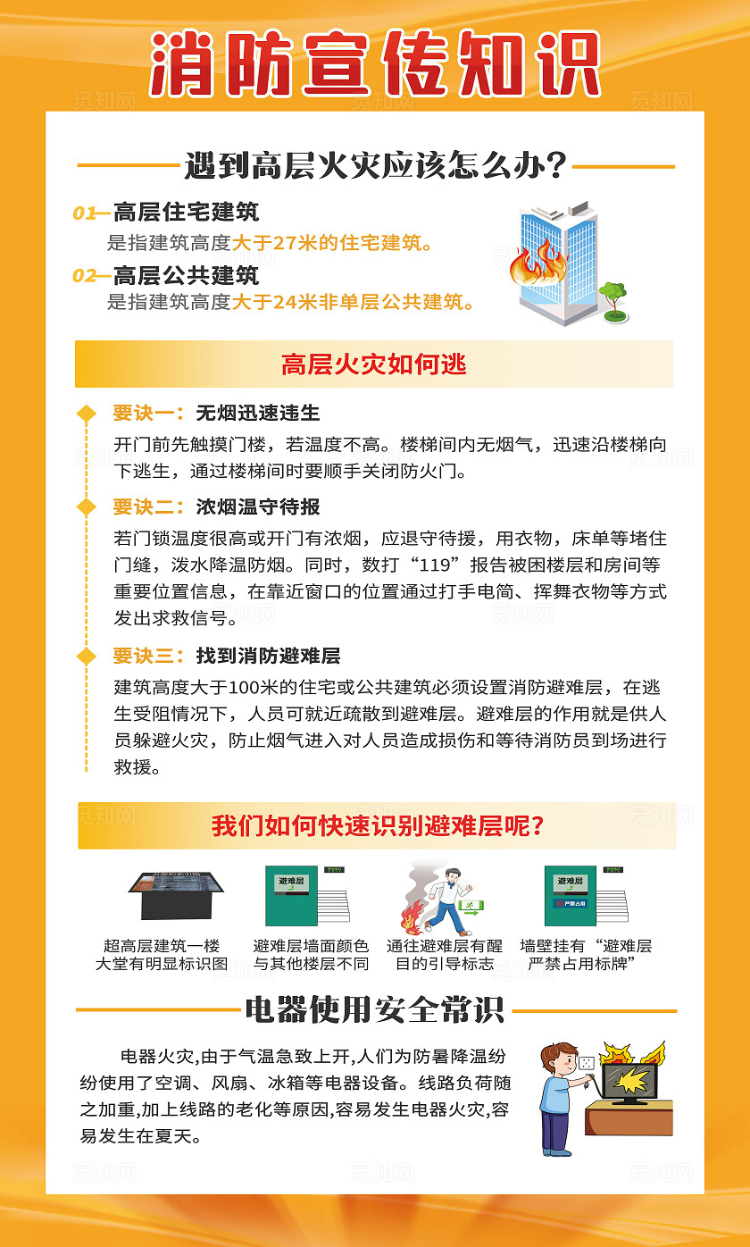 橙黄色大气消防安全教育知识宣传栏套图幼儿园消防日