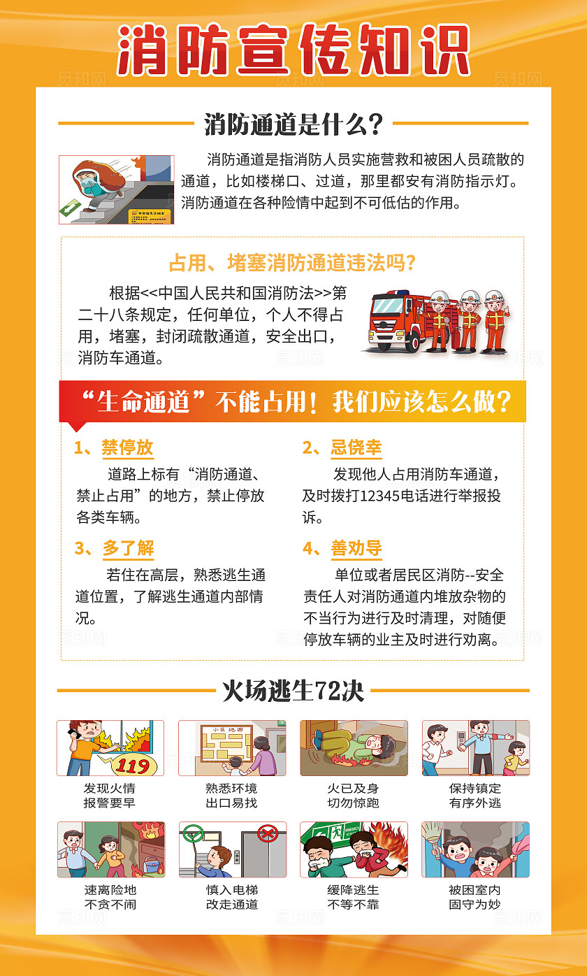 橙黄色大气消防安全教育知识宣传栏套图幼儿园消防日