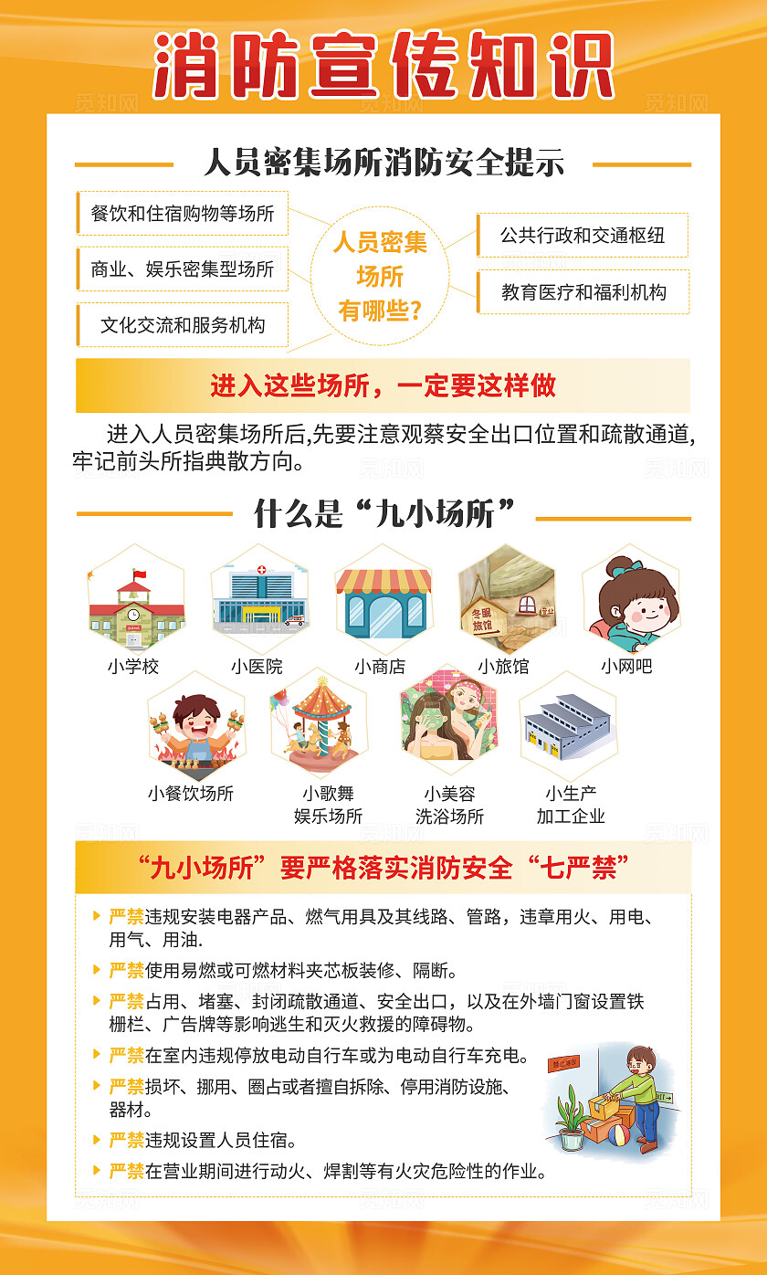 橙黄色大气消防安全教育知识宣传栏套图幼儿园消防日