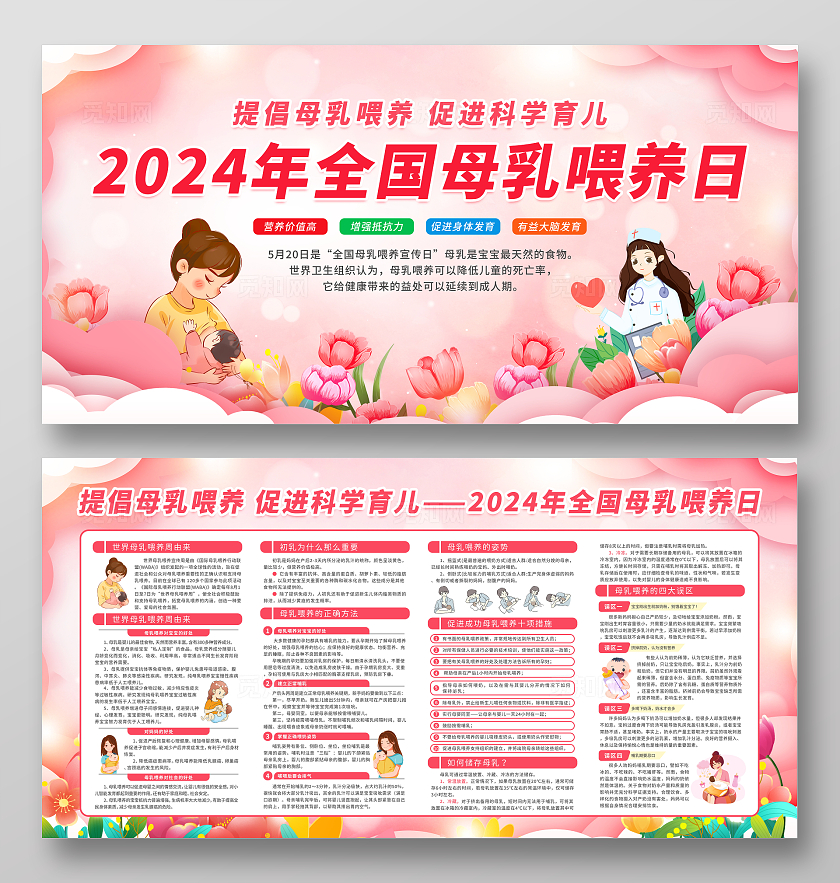 粉色温馨插画风2024年全国母乳喂养宣传日知识科普宣传栏展板设计