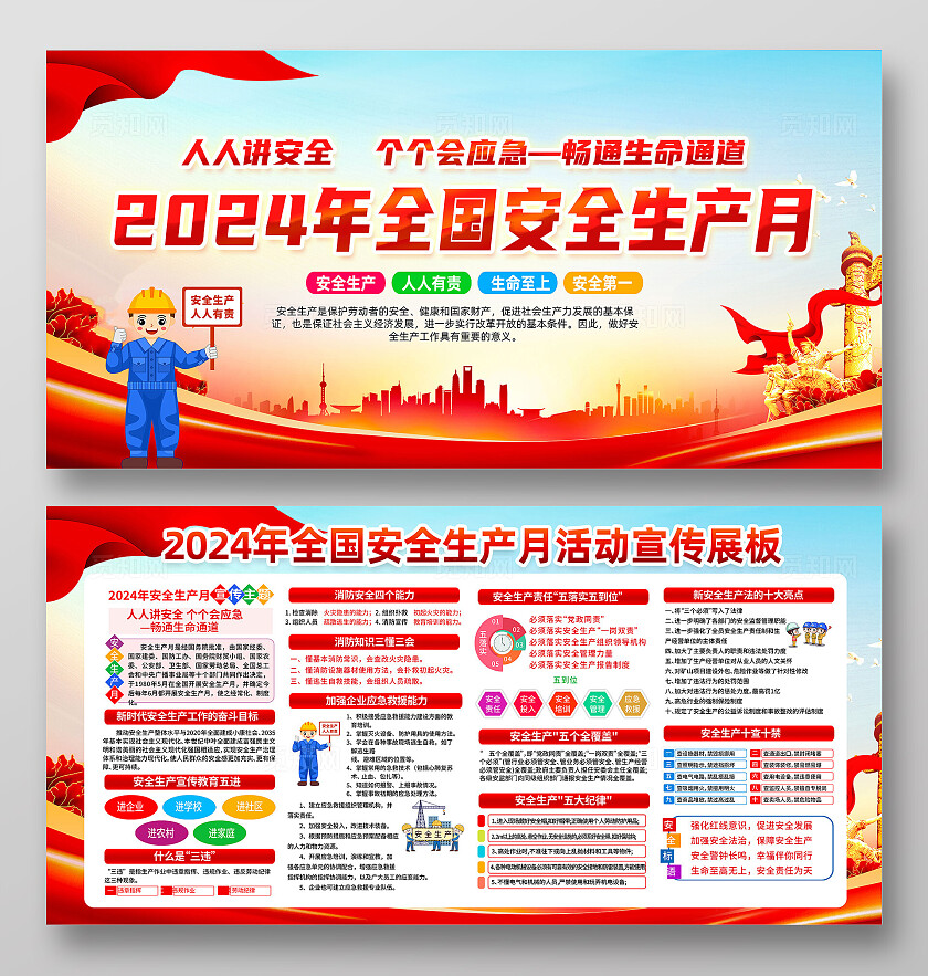 红色简约人人讲安全2024年全国安全生产月展板宣传