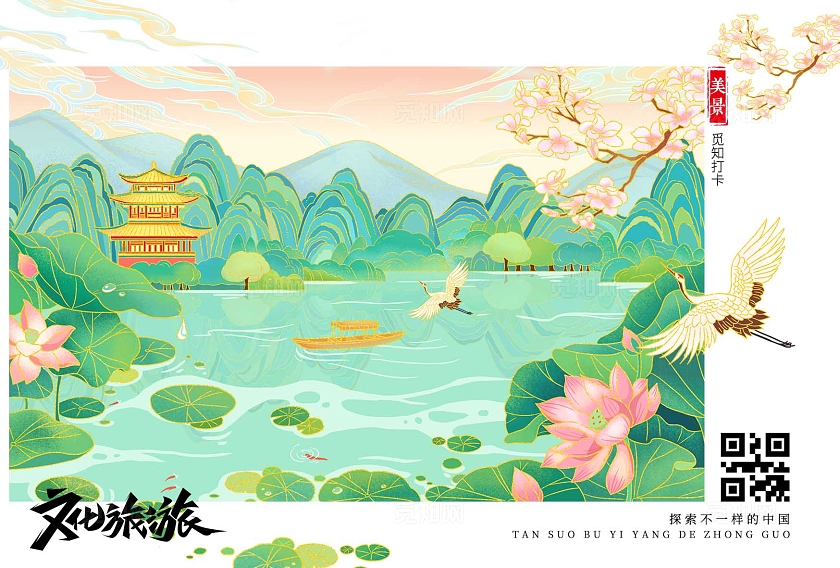 手绘插画国潮景点打卡明信片风景明信片旅游明信片